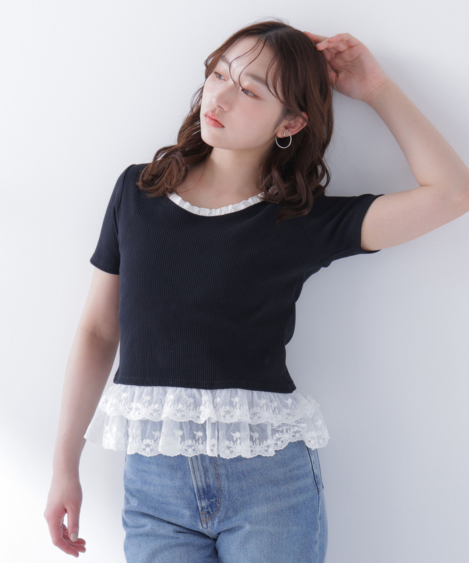  「レースドッキングフリルカットソー」|Tシャツ・カットソー|