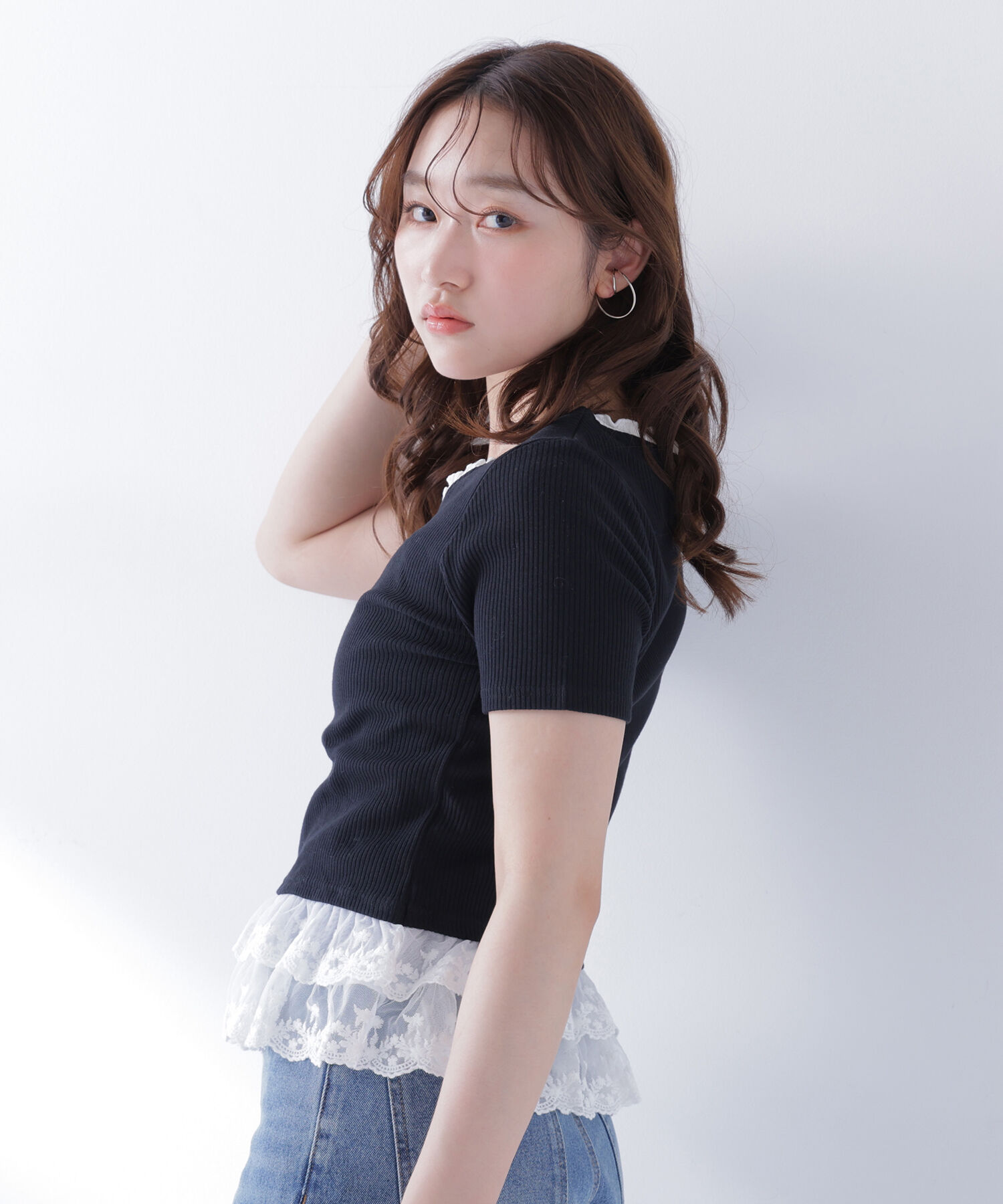  「レースドッキングフリルカットソー」|Tシャツ・カットソー|