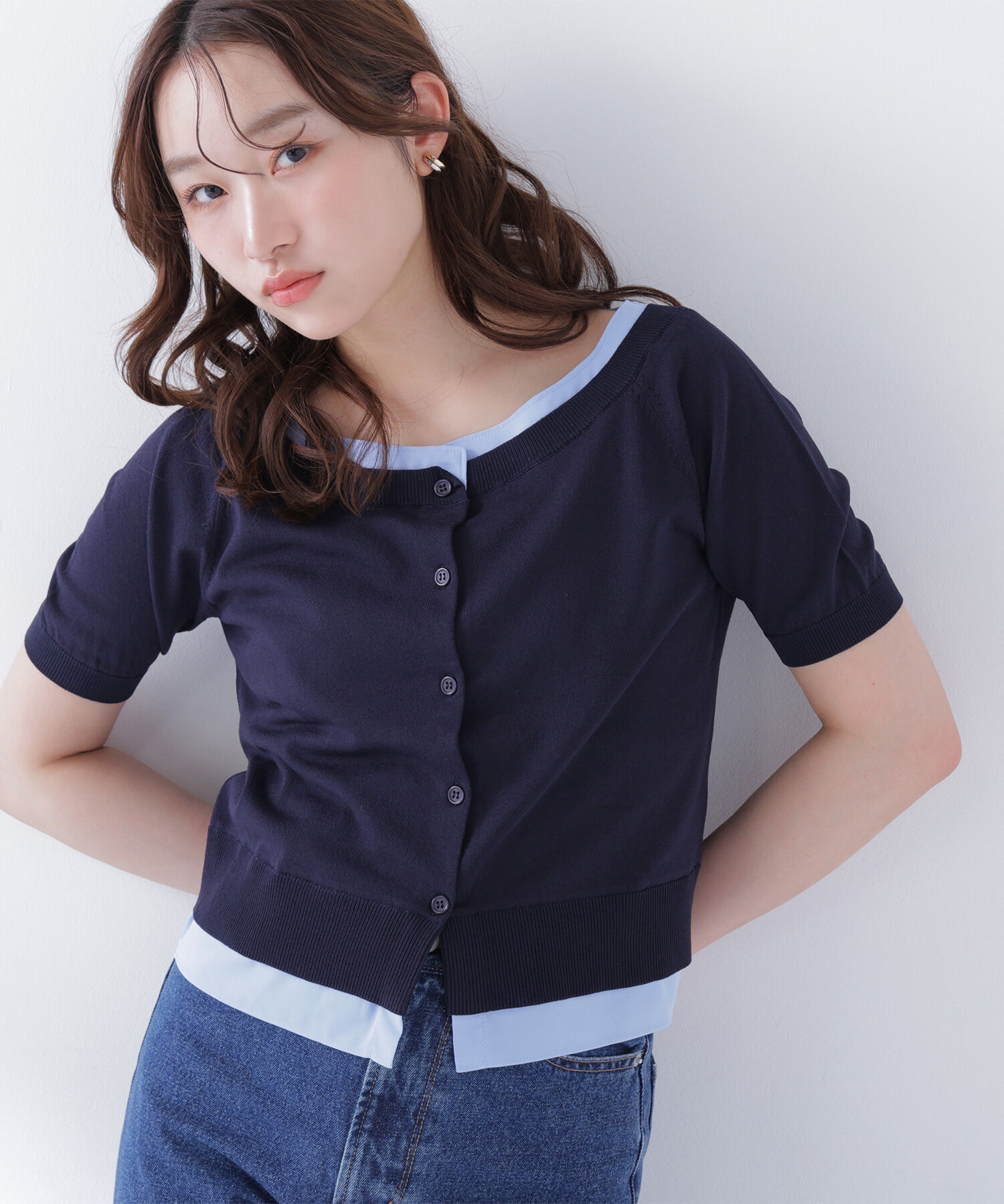  「シャツドッキングボートネックニット」|ニット・セーター|ネイビー&times;ブ  2