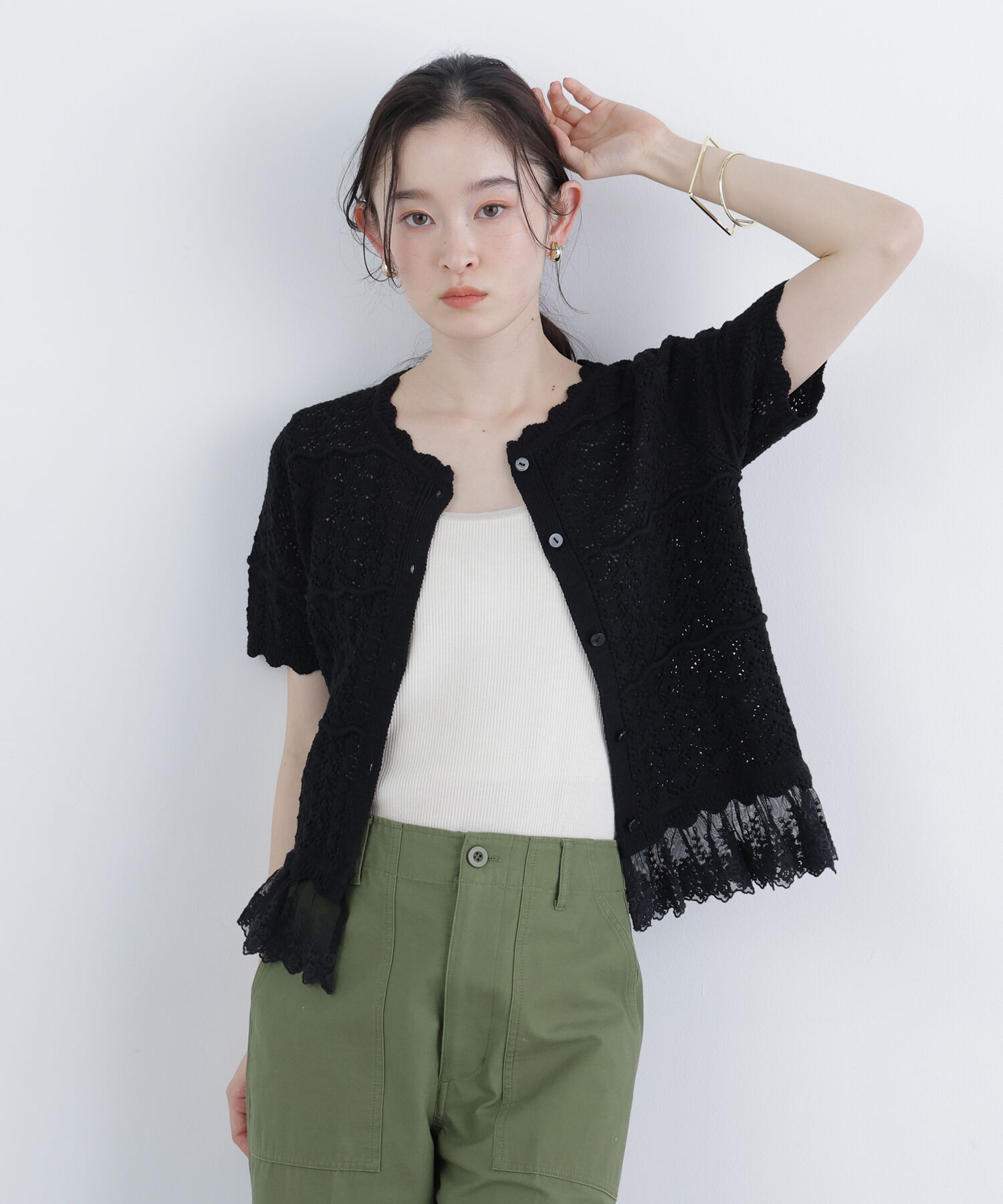  「〈N.〉レースドッキング透かし編みカーディガン」|ニット・セーター|ブラック