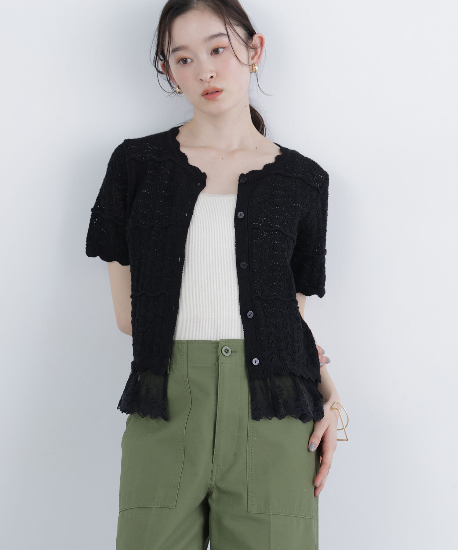  「〈N.〉レースドッキング透かし編みカーディガン」|ニット・セーター|