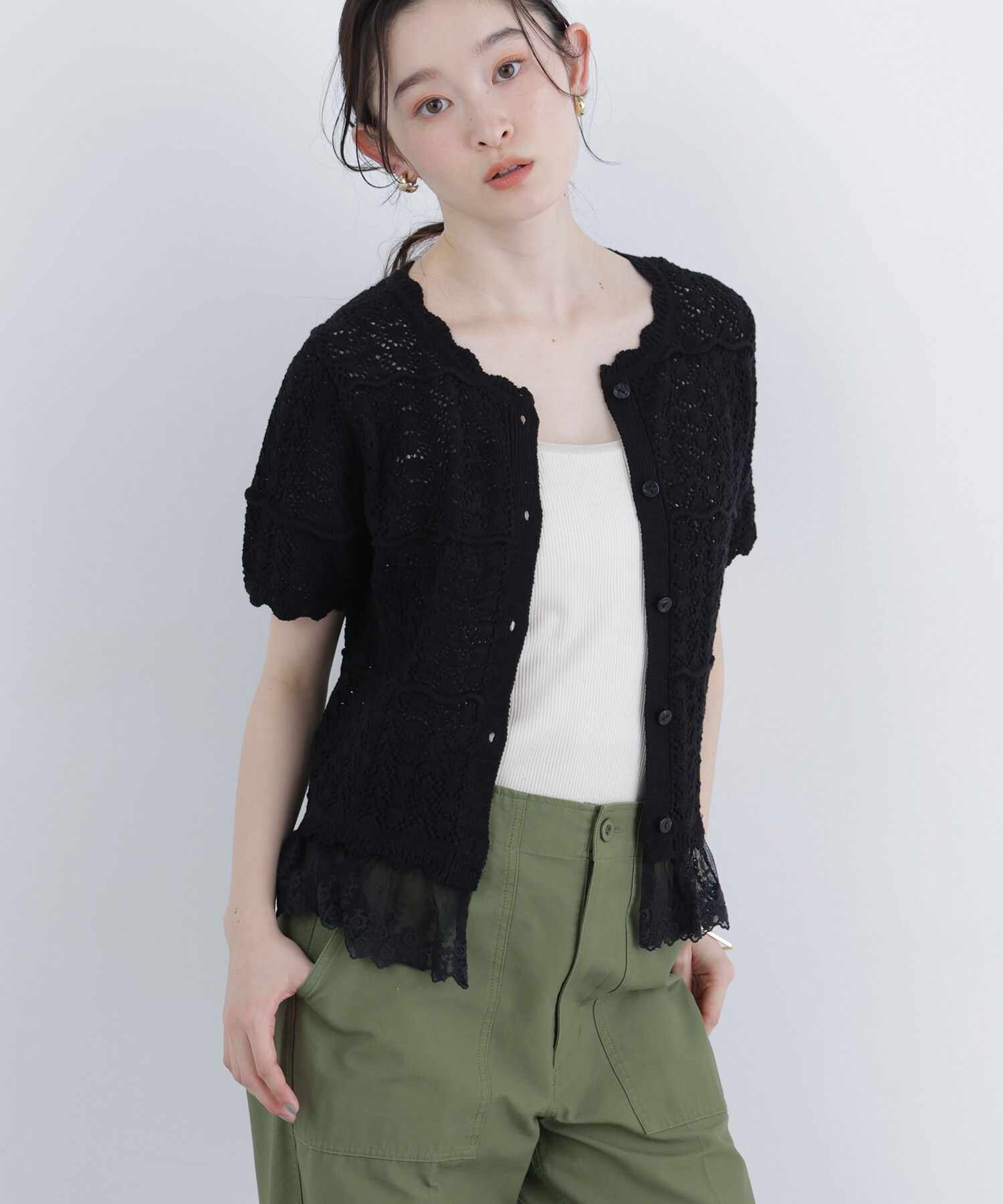  「〈N.〉レースドッキング透かし編みカーディガン」|ニット・セーター|