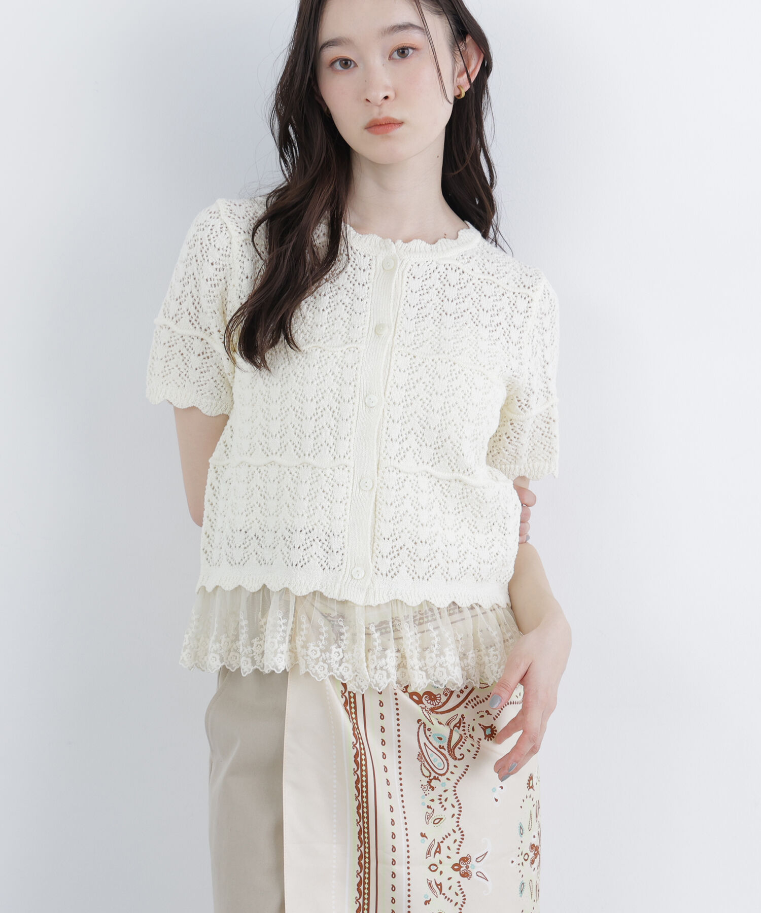  「〈N.〉レースドッキング透かし編みカーディガン」|ニット・セーター|オフホワイト1
