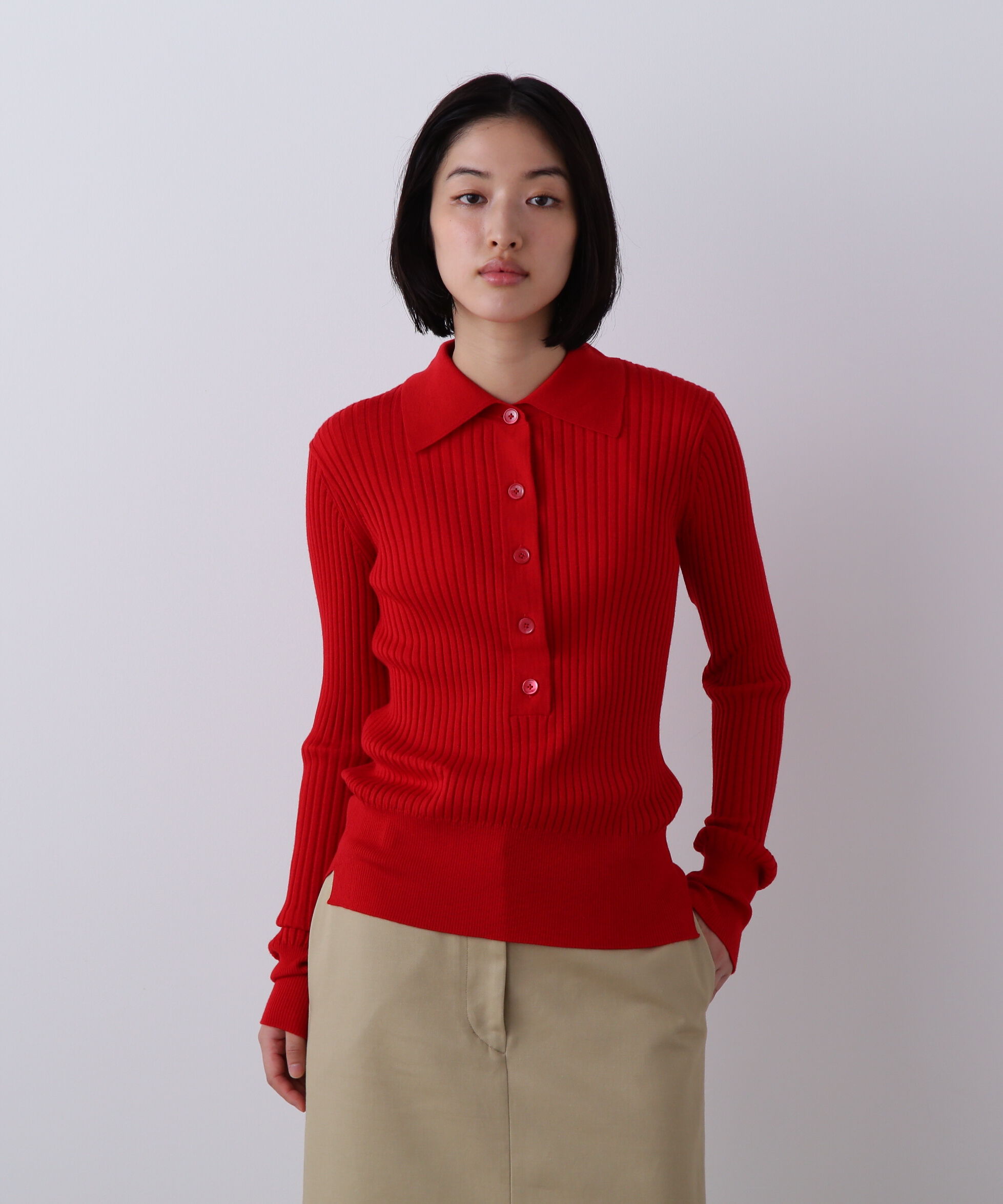 YLEVE 「YLEVE / WOOL SILK CASHMERE RIB KNIT POLO」|ニット・セーター|レッド