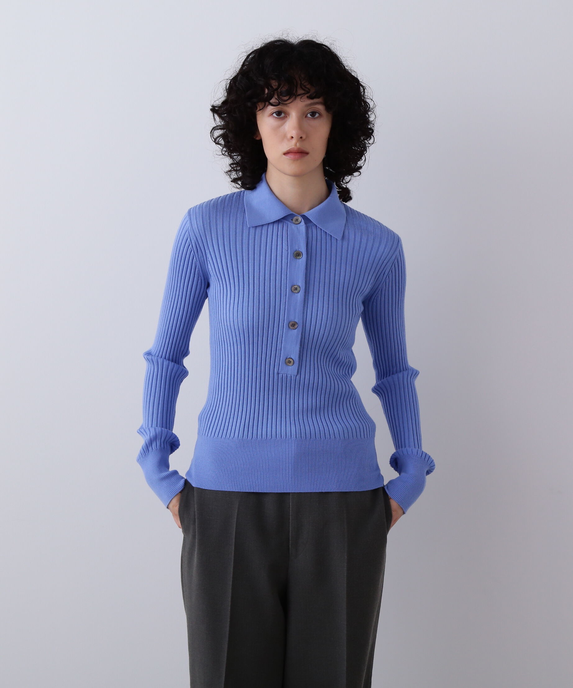 YLEVE 「YLEVE / WOOL SILK CASHMERE RIB KNIT POLO」|ニット・セーター|ブルー