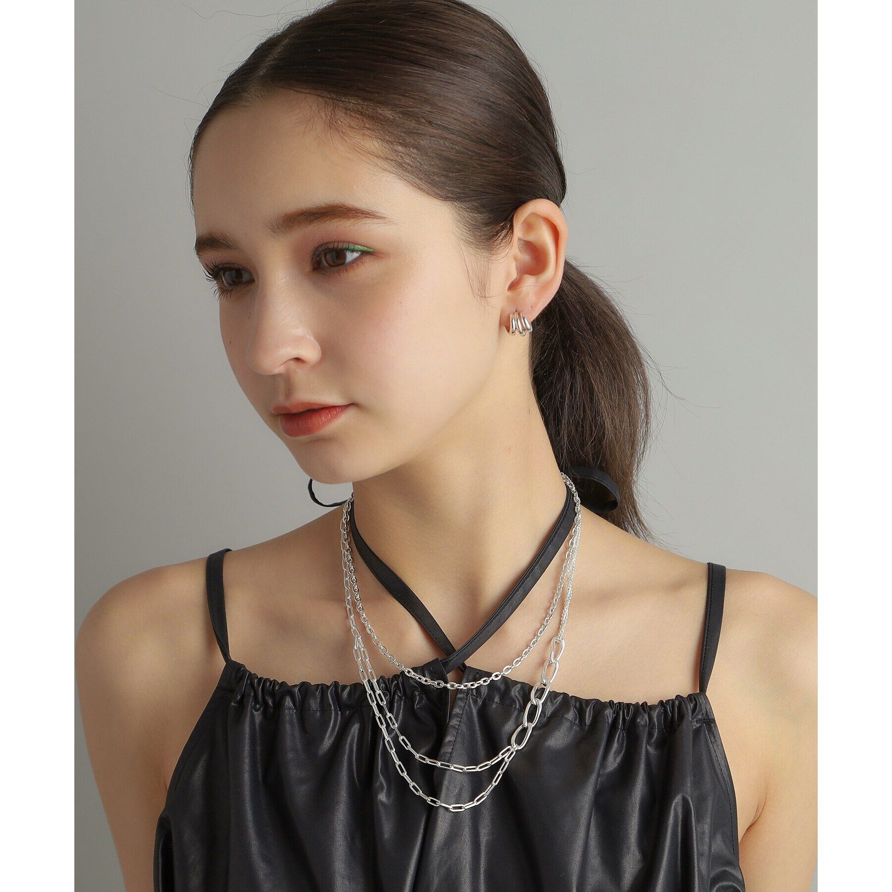 COCOSHNIK ONKITSCH「シルバー ミックスチェーン アシンメトリードレープネックレス」|ネックレス|