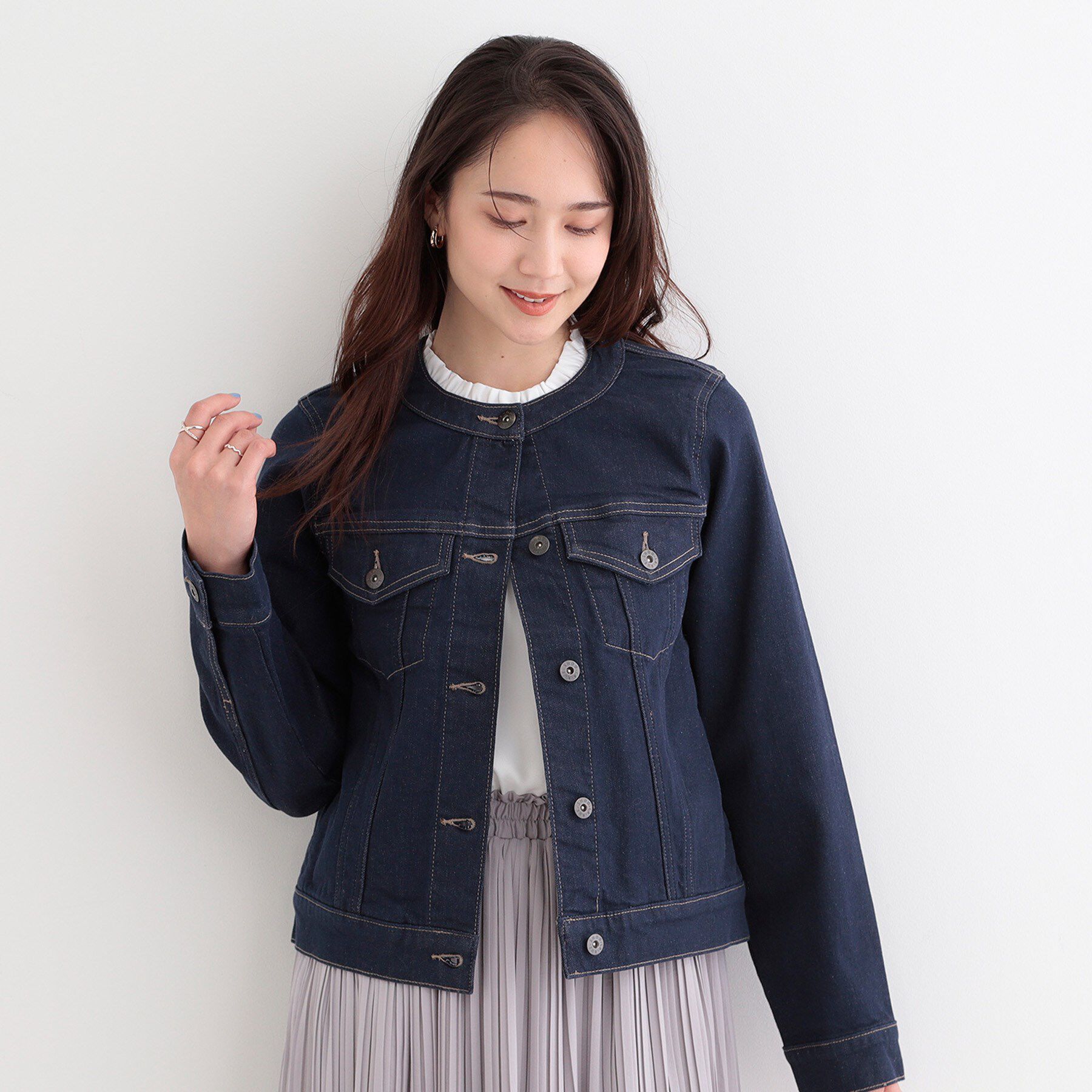 SHOO･LA･RUE「【SHOO・LA・RUE DENIM】大人のための ノーカラーデニムジャケット」|デニムジャケット|