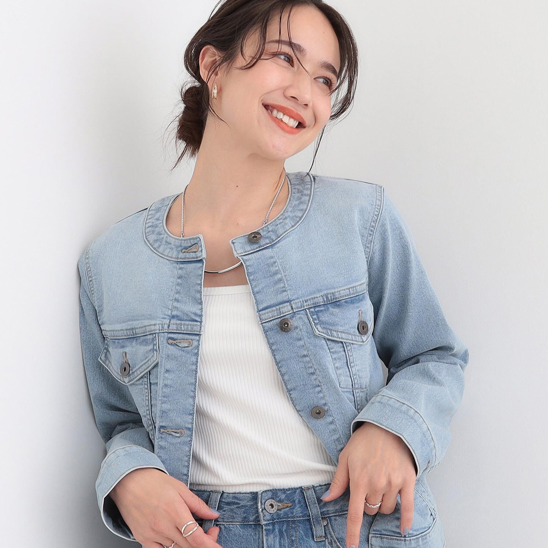 SHOO･LA･RUE「【SHOO・LA・RUE DENIM】大人のための ノーカラーデニムジャケット」|デニムジャケット|ブルー(091)