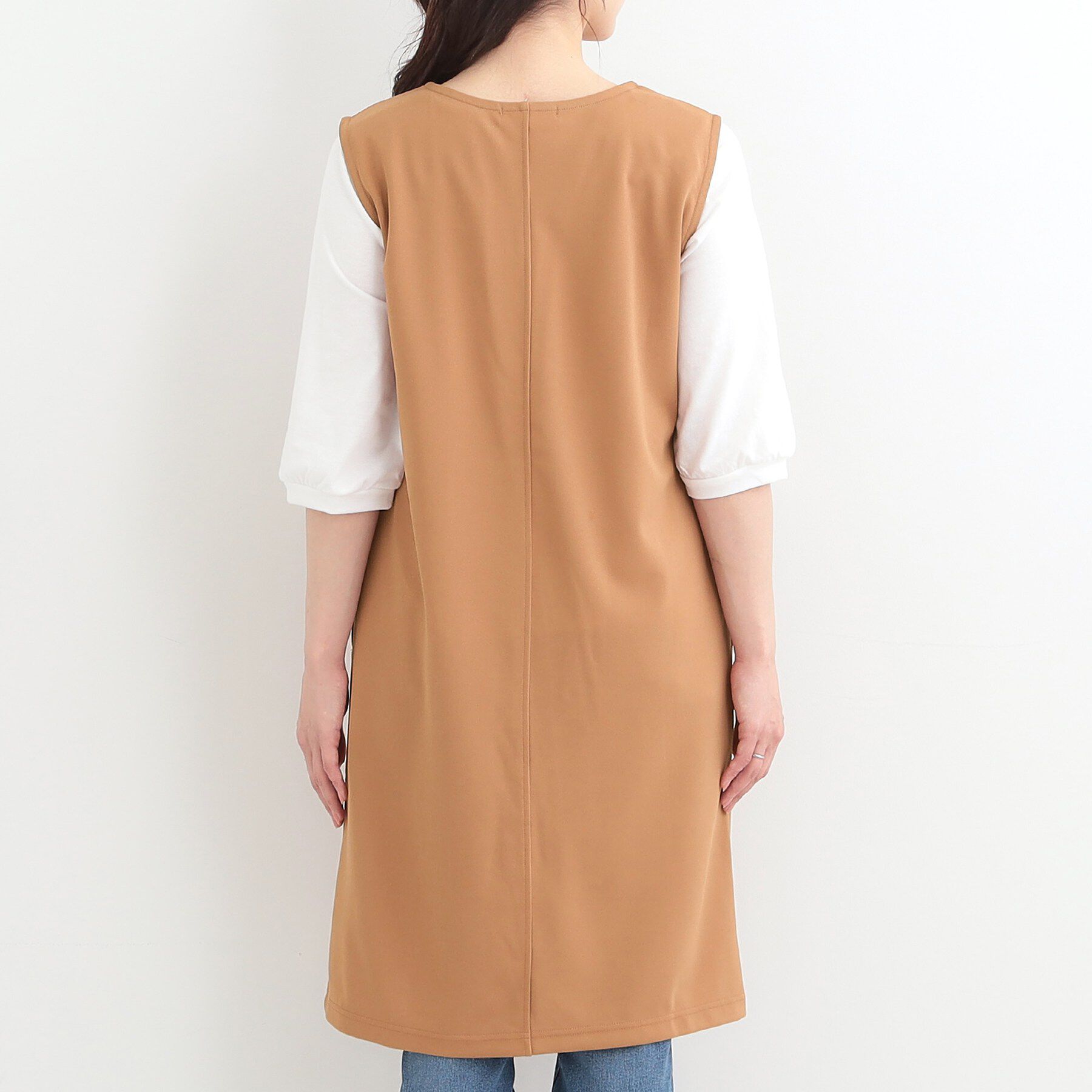 SHOO･LA･RUE「【2点セット/洗濯機可/S-LL】ジレにもなるジャンスカ+5分袖Tシャツ」|ワンピース|