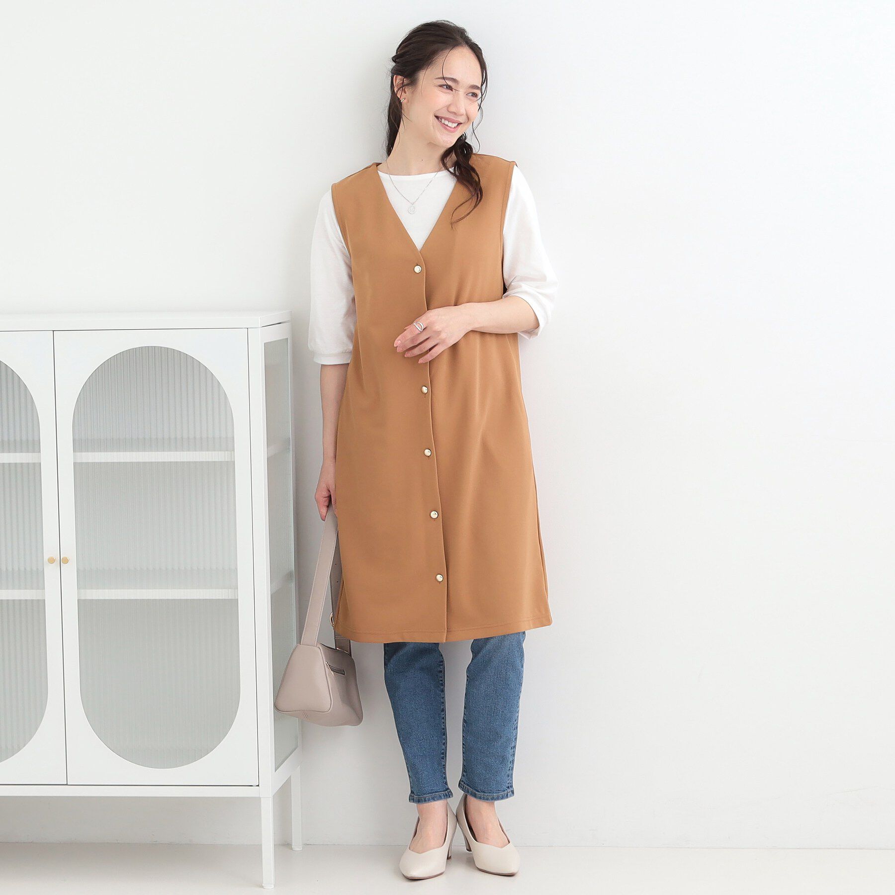 SHOO･LA･RUE「【2点セット/洗濯機可/S-LL】ジレにもなるジャンスカ+5分袖Tシャツ」|ワンピース|