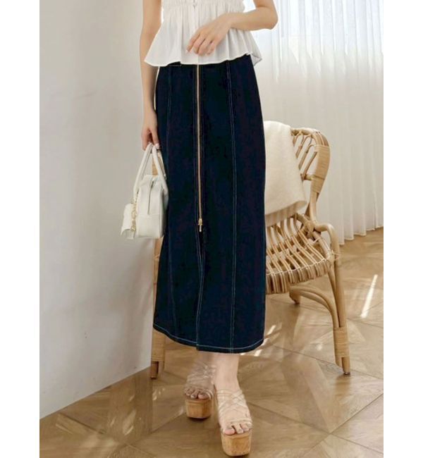 MERCURYDUO「フロントZIPデニムナロースカート」|スカート|インディゴ