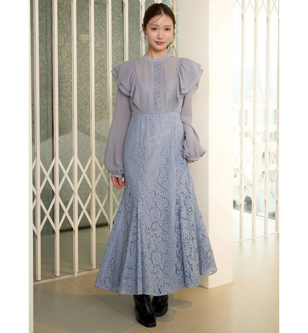 MERCURYDUO「レース切替マーメイドワンピース」|ドレス|ブルー