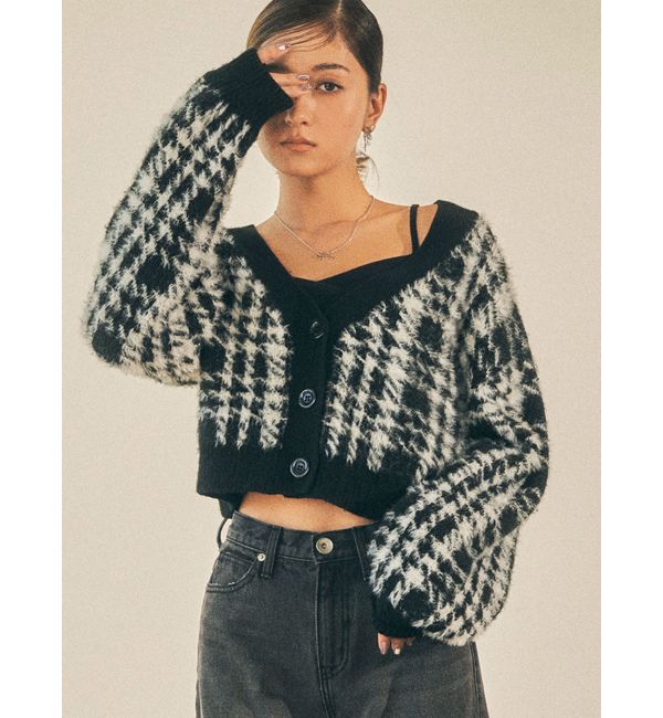 GYDA「シャギーCHECK PATTERN MIXニットトップス【SETUP着用可】」|ニット・セーター|