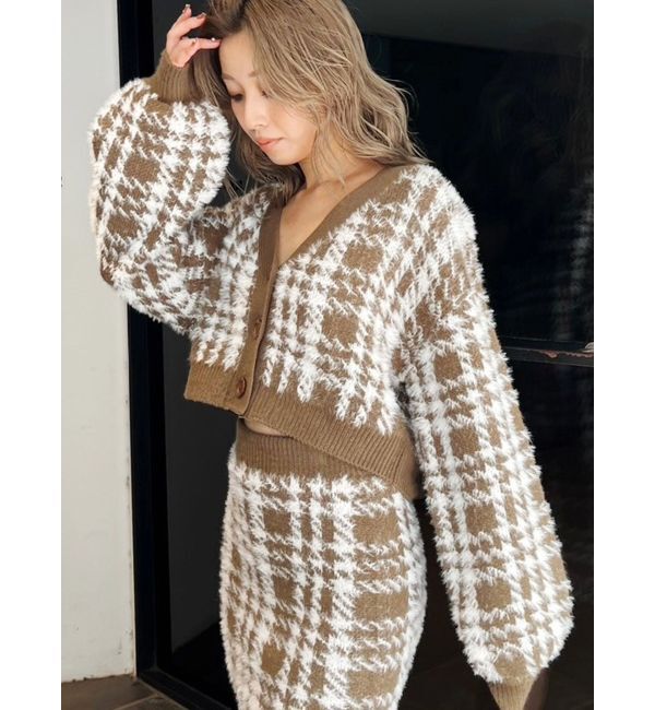 GYDA「シャギーCHECK PATTERN MIXニットトップス【SETUP着用可】」|ニット・セーター|ベージュ