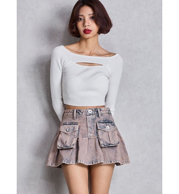 GYDA「ハイウエストGG POKETプリーツデニムスカートライクショートパンツ」|スカート|