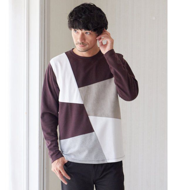 ikka「ブロックススエード切り替えロンT」|Tシャツ・カットソー|ワイン