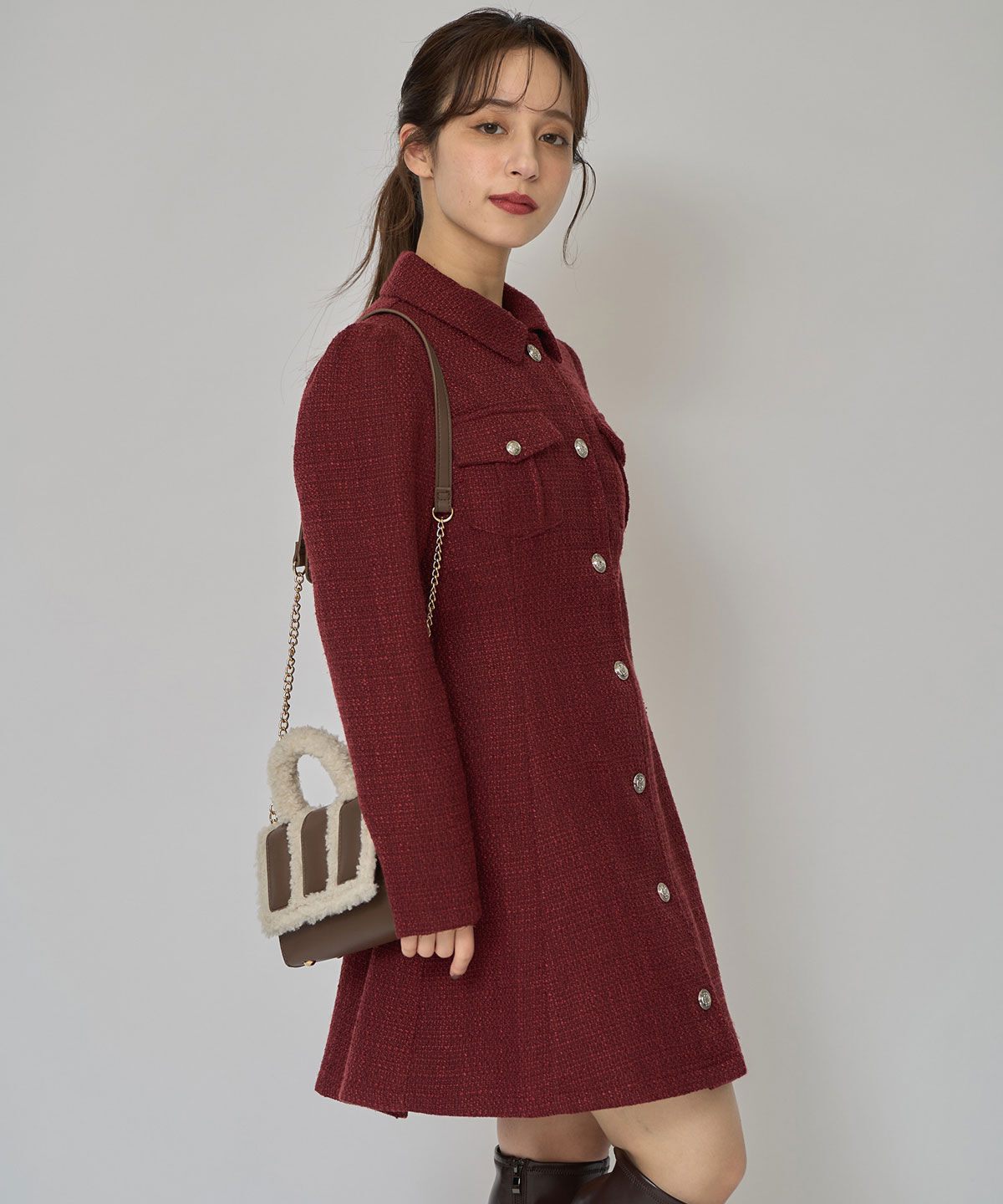 REDYAZEL「エンブレムボタンツイードシャツミニワンピース」|ワンピース|