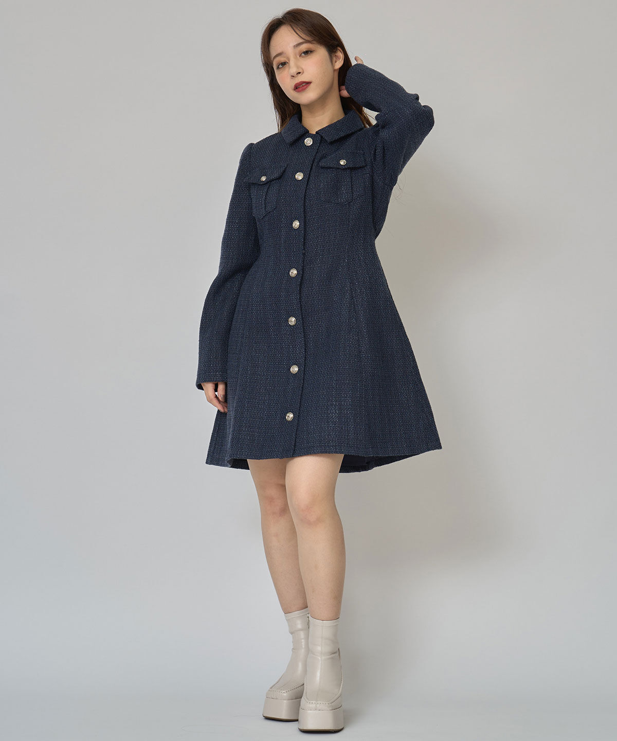 REDYAZEL「エンブレムボタンツイードシャツミニワンピース」|ワンピース|