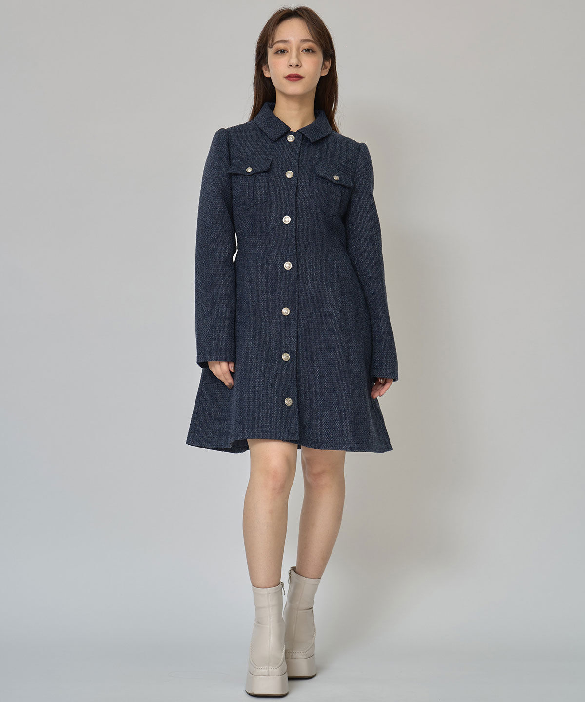 REDYAZEL「エンブレムボタンツイードシャツミニワンピース」|ワンピース|