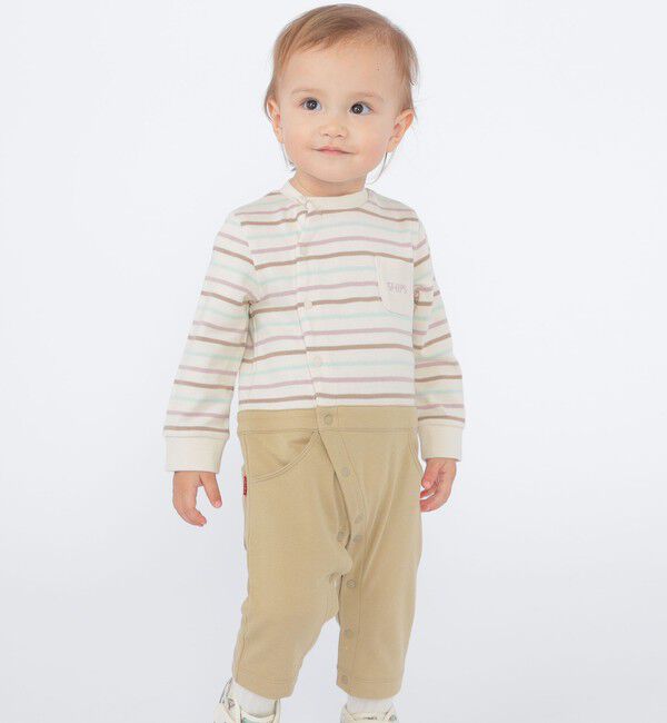 SHIPS KIDS「SHIPS KIDS:70～80cm / オーガニック コットン ボーダー ロンパース」|ロンパース|ピンク