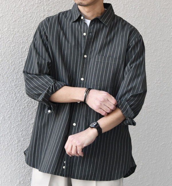 SHIPS any「SHIPS any:〈洗濯機可能〉コットン/リネン ストライプ ７分袖 レギュラー シャツ◇」|シャツ・ブラウス|オリーブ