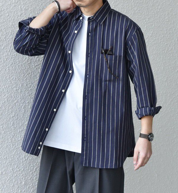 SHIPS any「SHIPS any:〈洗濯機可能〉コットン/リネン ストライプ ７分袖 レギュラー シャツ◇」|シャツ・ブラウス|ネイビー