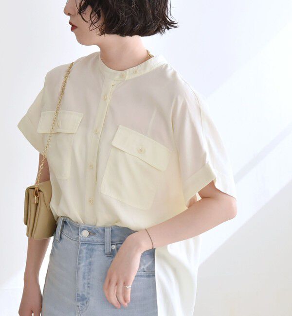 quaranciel「quaranciel:〈手洗い可能〉バンドカラー ハーフスリーブ ポケット ワーク シャツ」|シャツ・ブラウス|