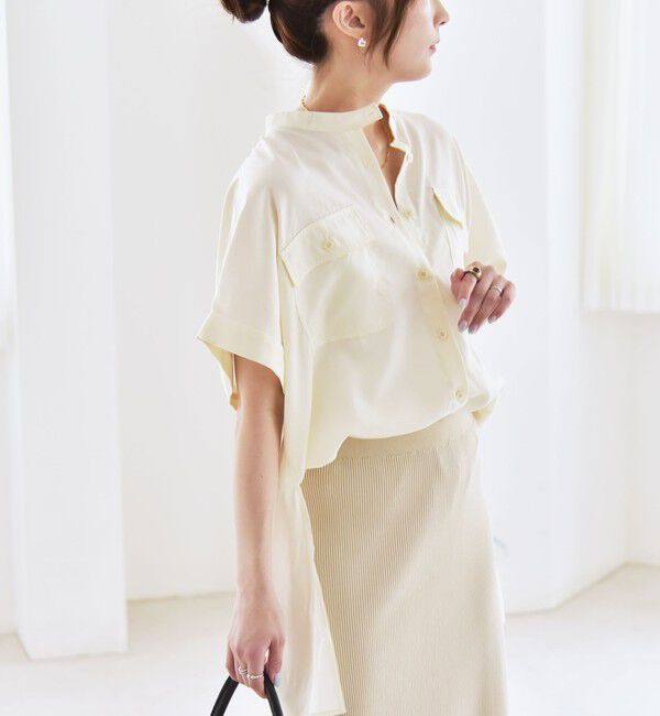 quaranciel「quaranciel:〈手洗い可能〉バンドカラー ハーフスリーブ ポケット ワーク シャツ」|シャツ・ブラウス|