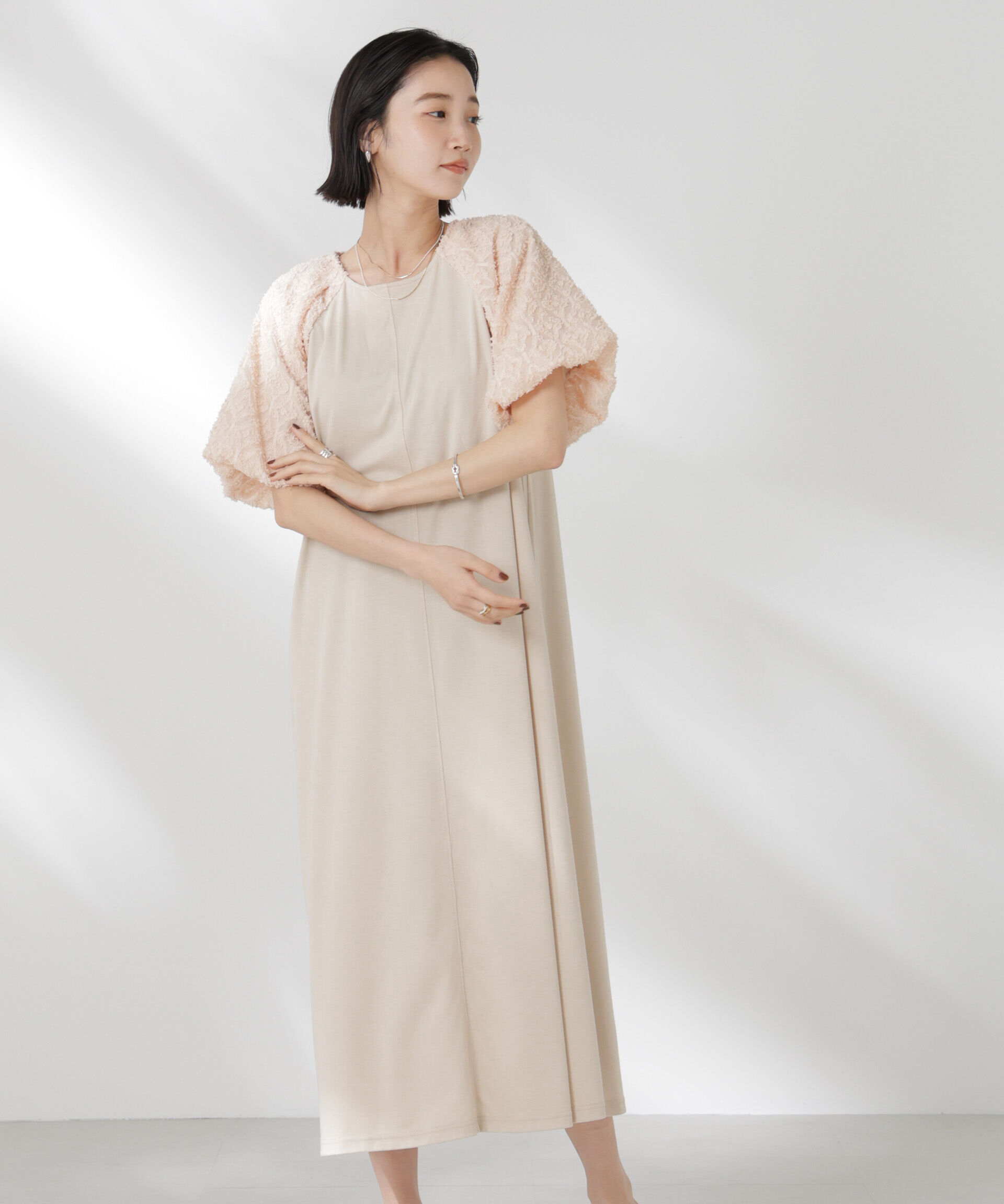 nano･universe「バルーンスリーブコンビカットワンピース」|ワンピース|ベージュ