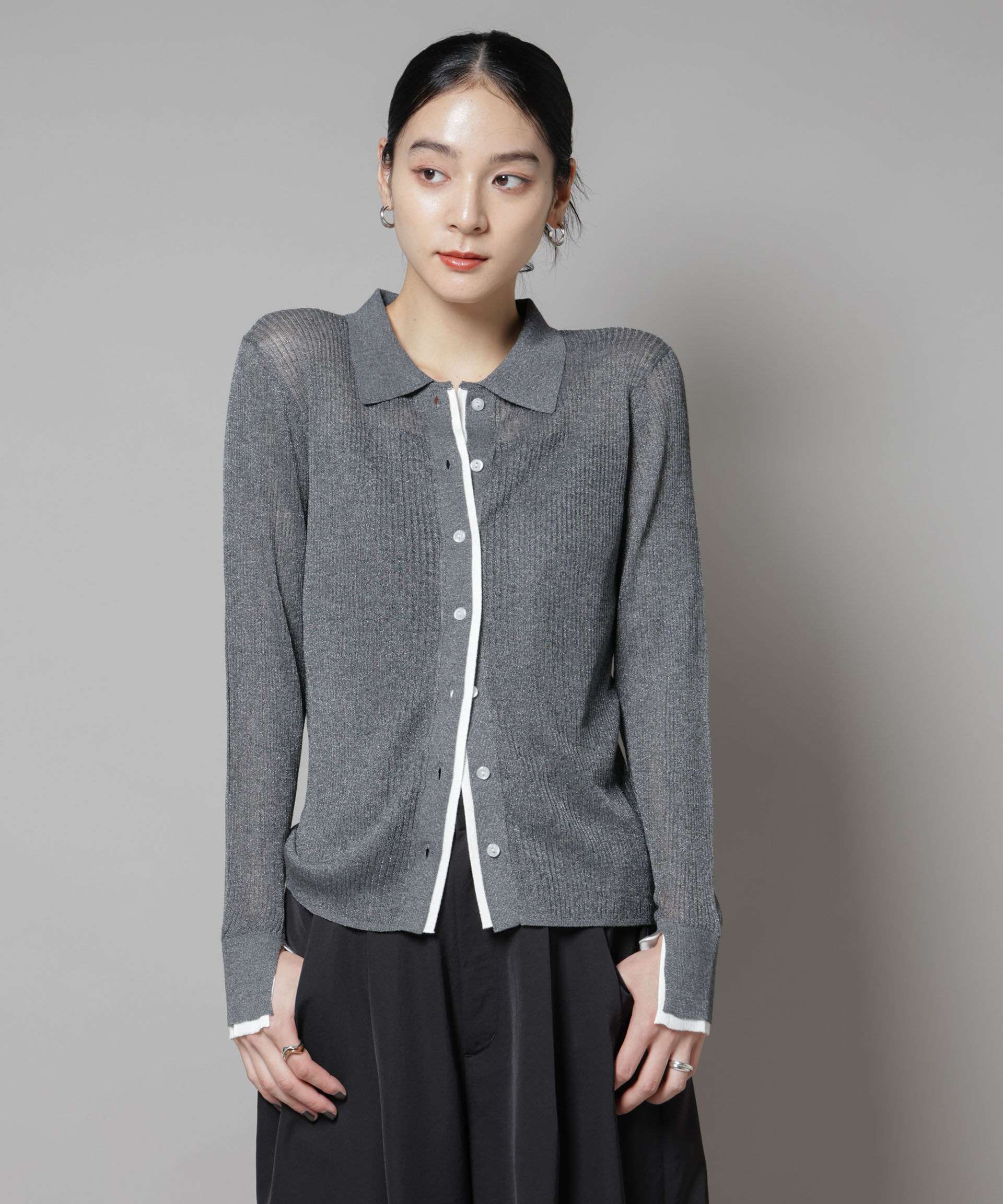 nano･universe「バイカラーシアーリブ衿付きカーディガン」|ニット・セーター|グレー