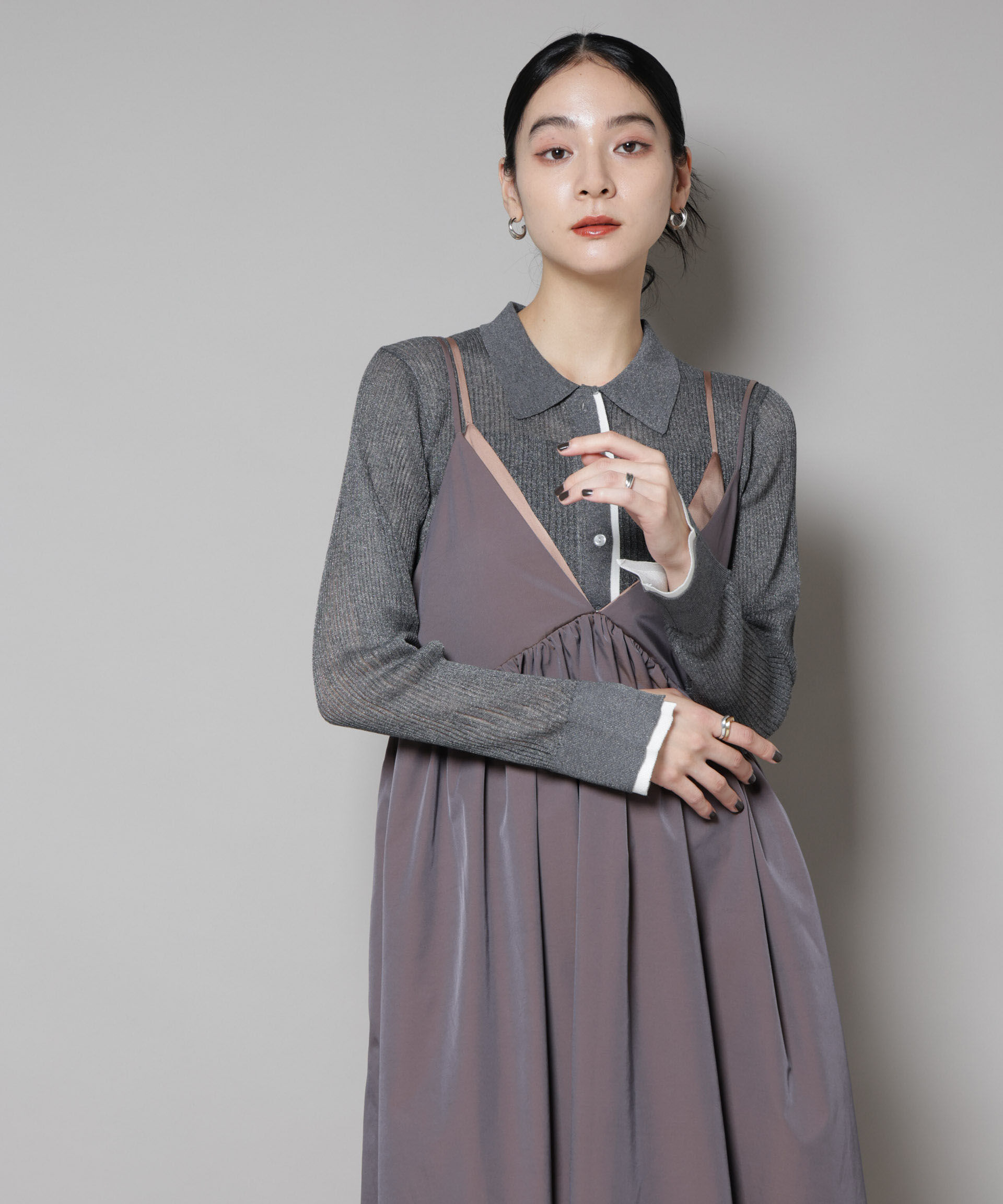 nano･universe「バイカラーシアーリブ衿付きカーディガン」|ニット・セーター|