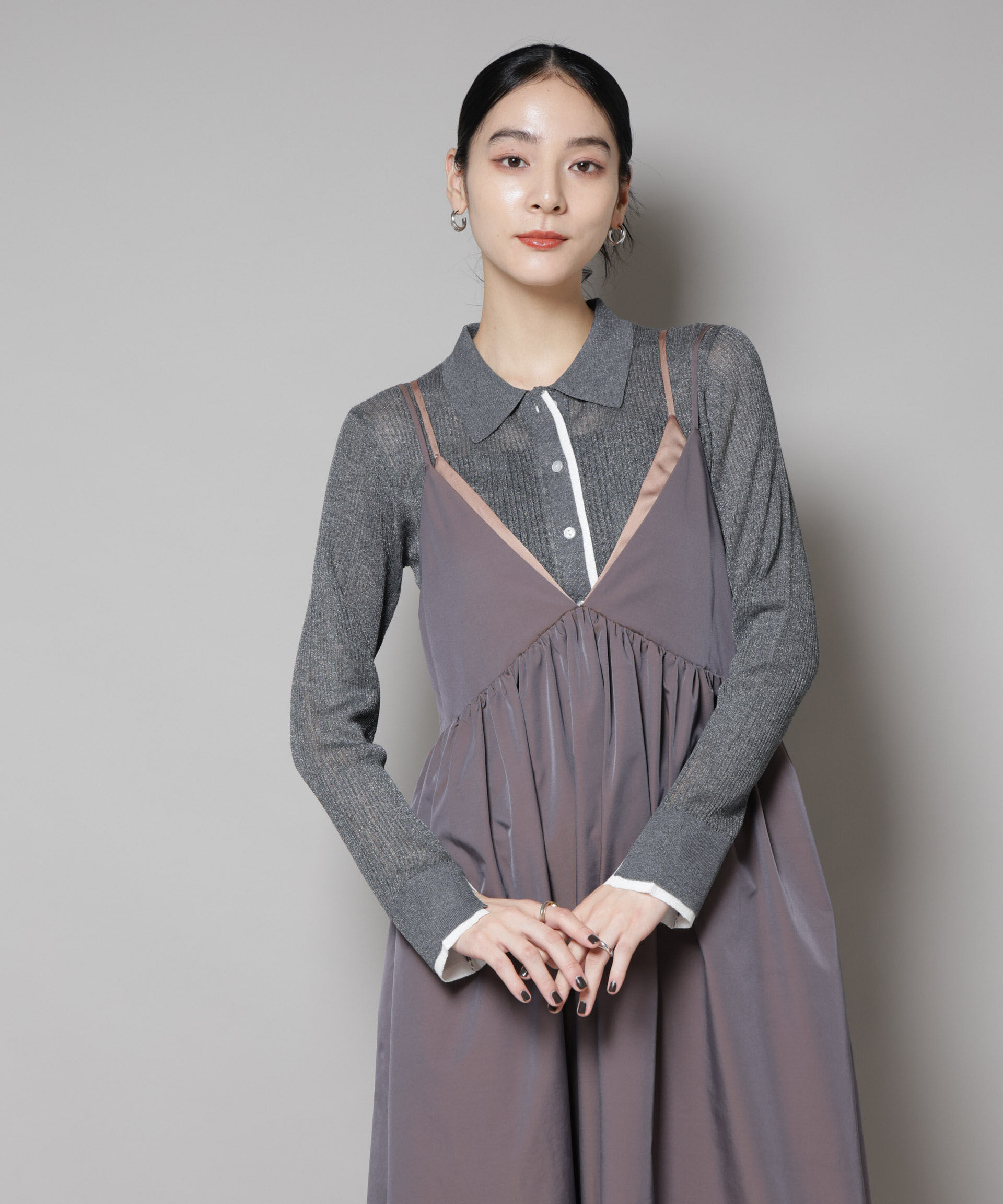 nano･universe「バイカラーシアーリブ衿付きカーディガン」|ニット・セーター|