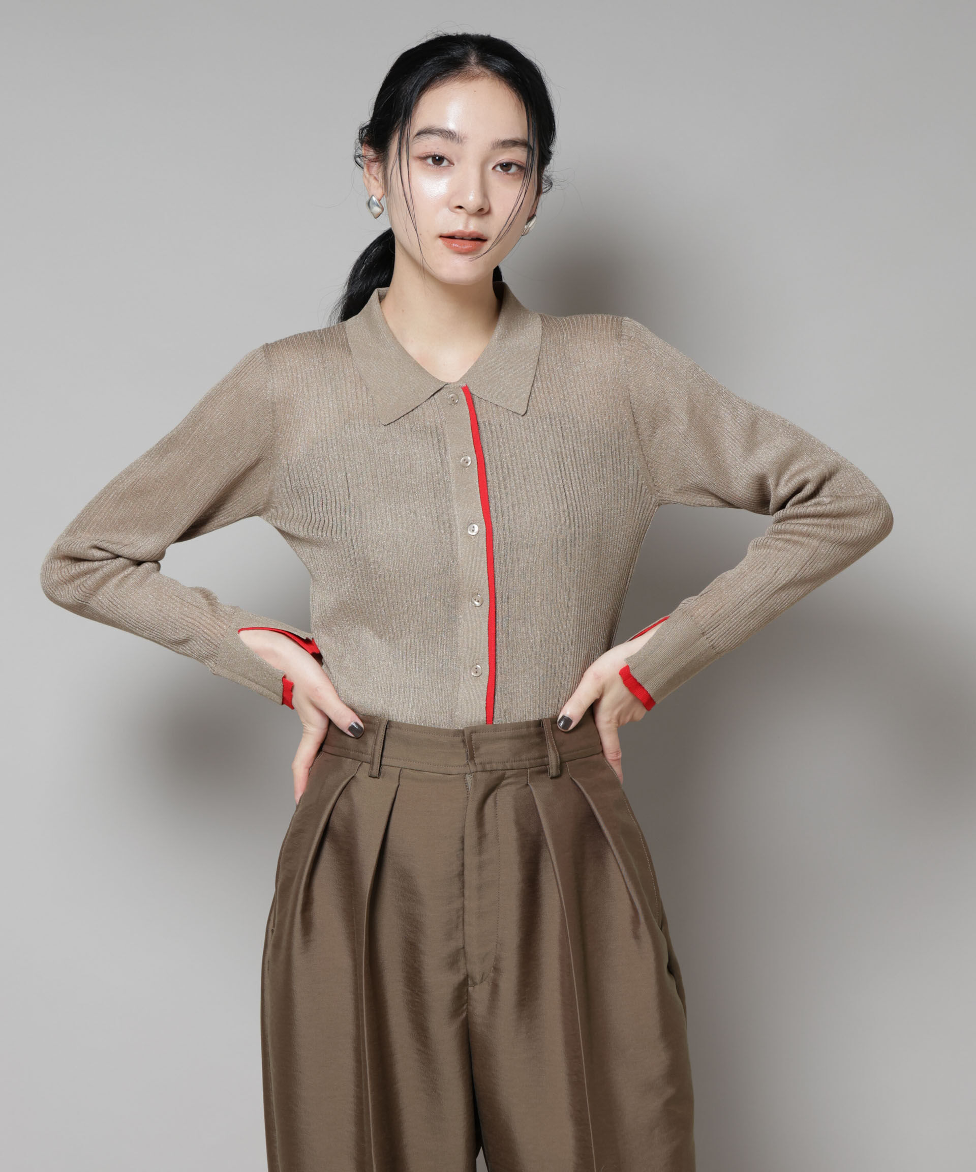 nano･universe「バイカラーシアーリブ衿付きカーディガン」|ニット・セーター|モカ3