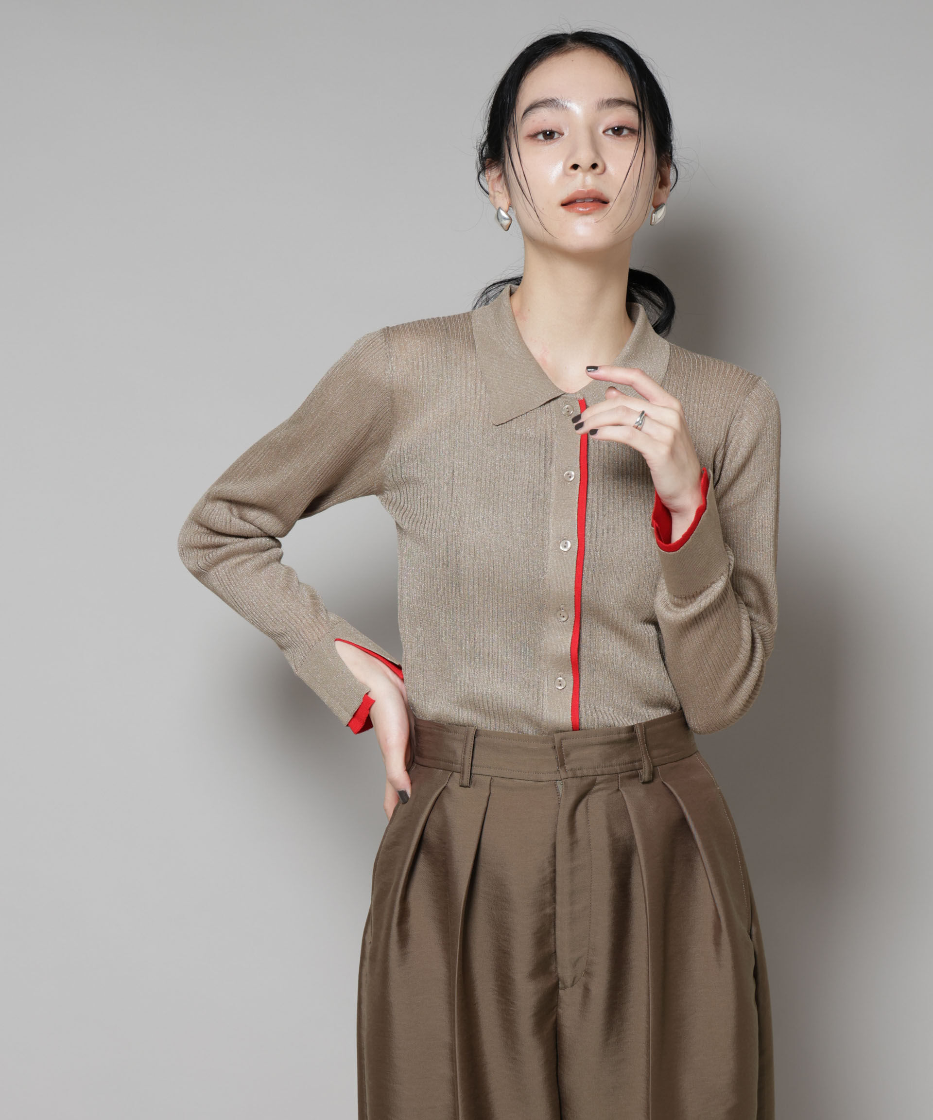 nano･universe「バイカラーシアーリブ衿付きカーディガン」|ニット・セーター|