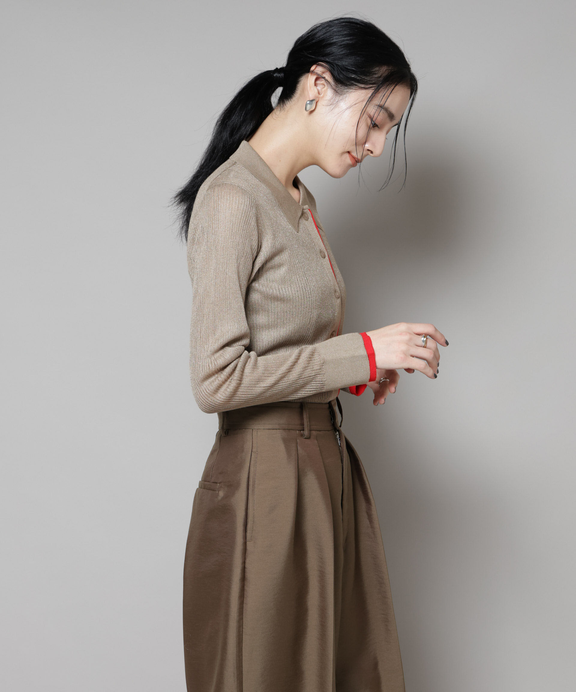 nano･universe「バイカラーシアーリブ衿付きカーディガン」|ニット・セーター|