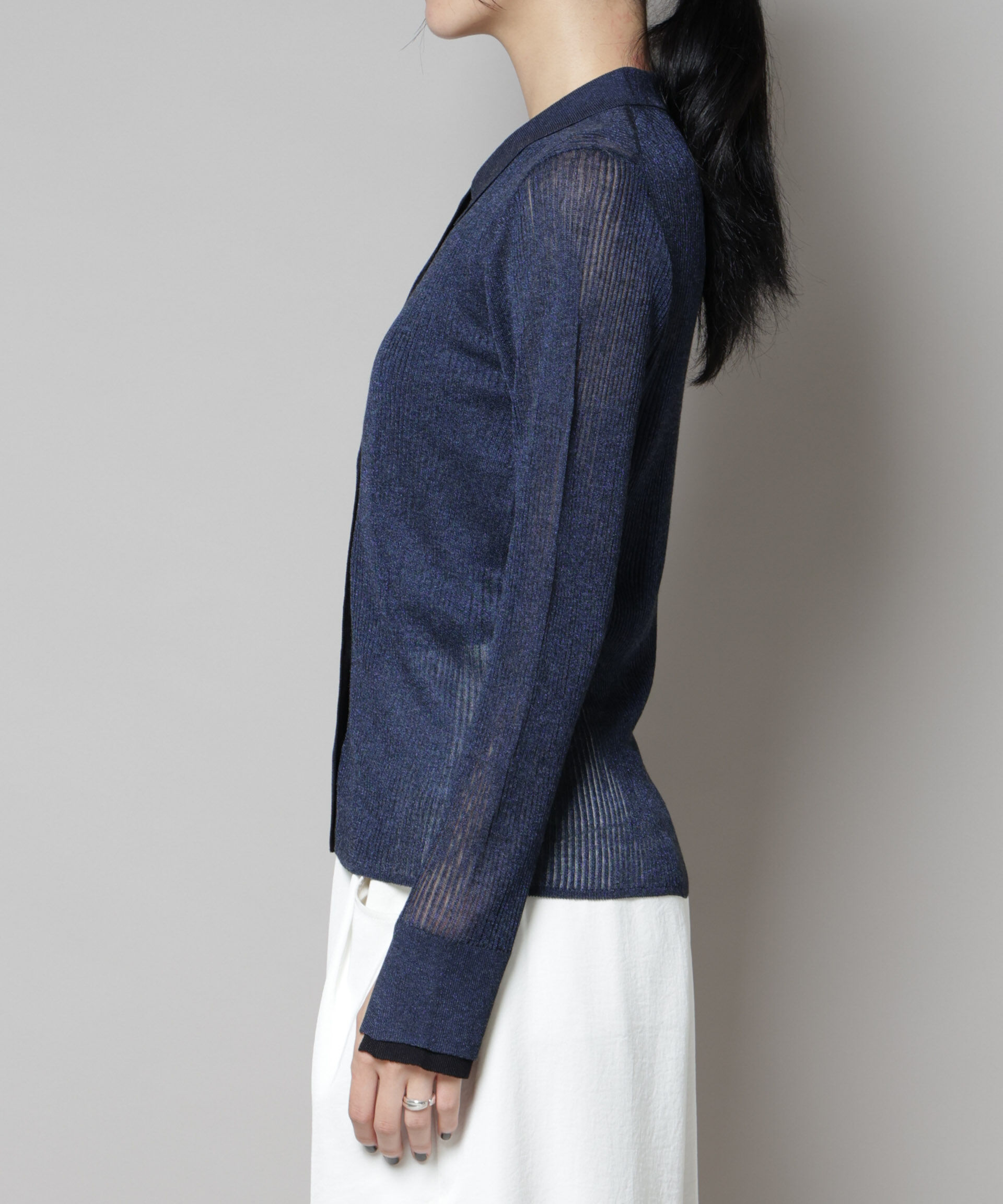 nano･universe「バイカラーシアーリブ衿付きカーディガン」|ニット・セーター|