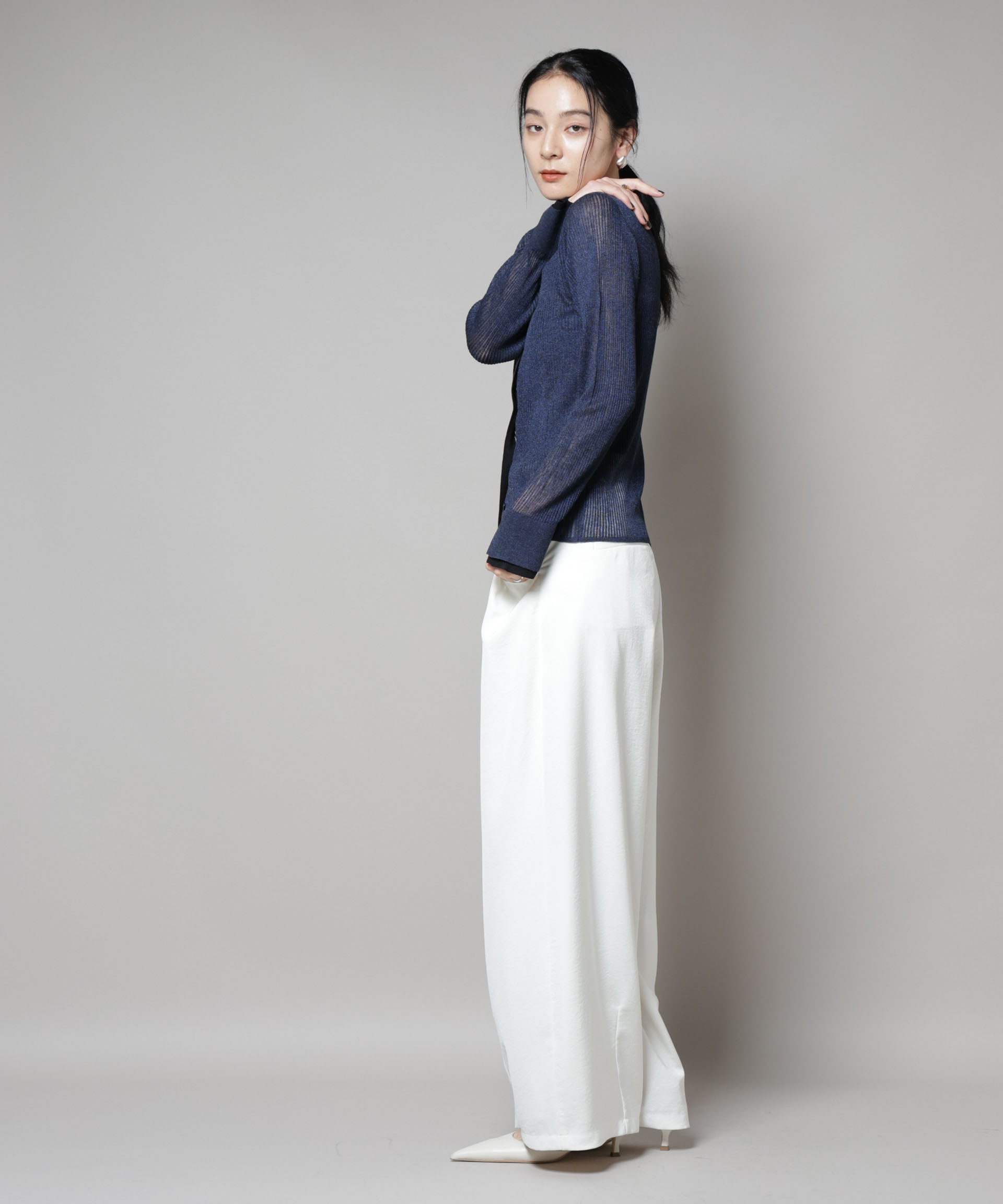 nano･universe「バイカラーシアーリブ衿付きカーディガン」|ニット・セーター|