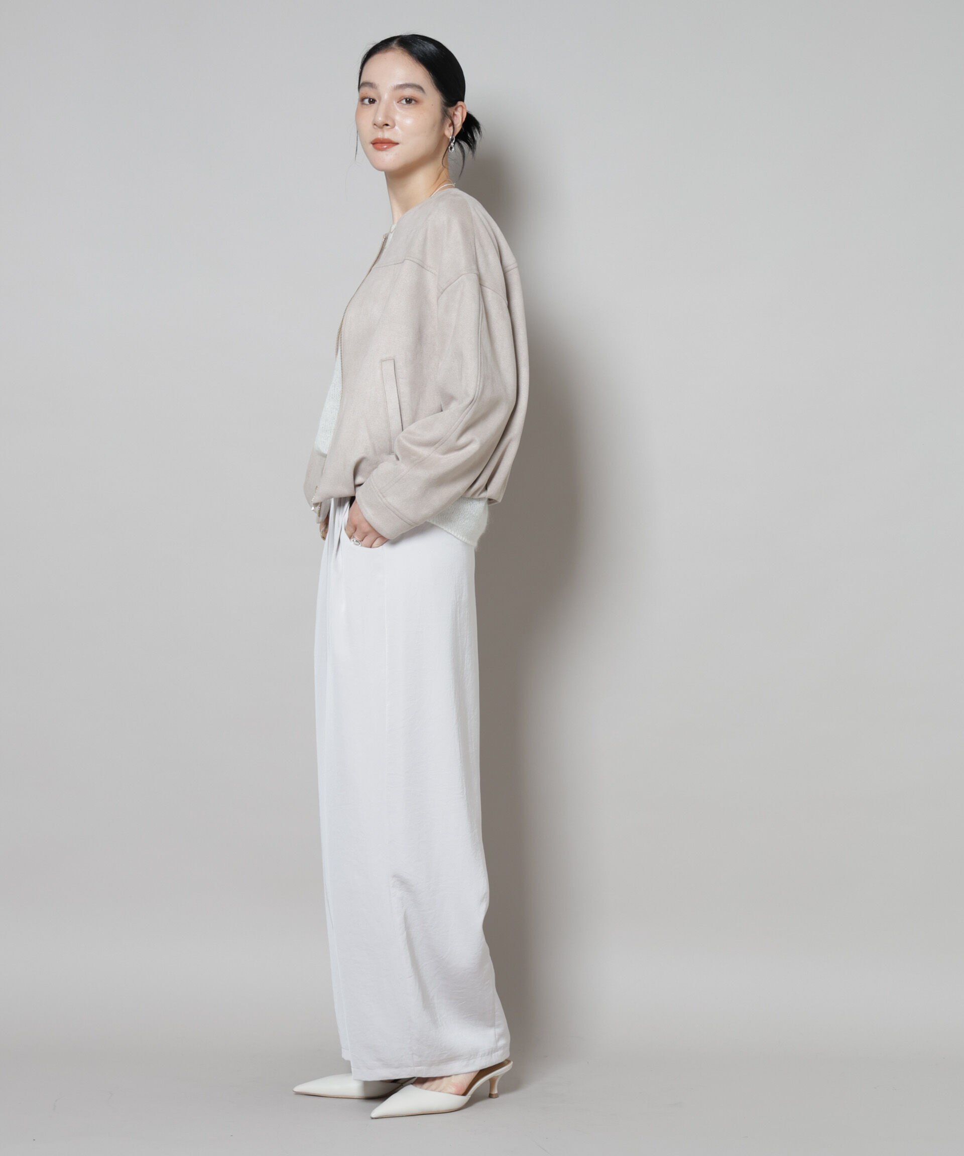 nano･universe「フェイクスエードボンディングノーカラーブルゾン」|ブルゾン・スタジャン|