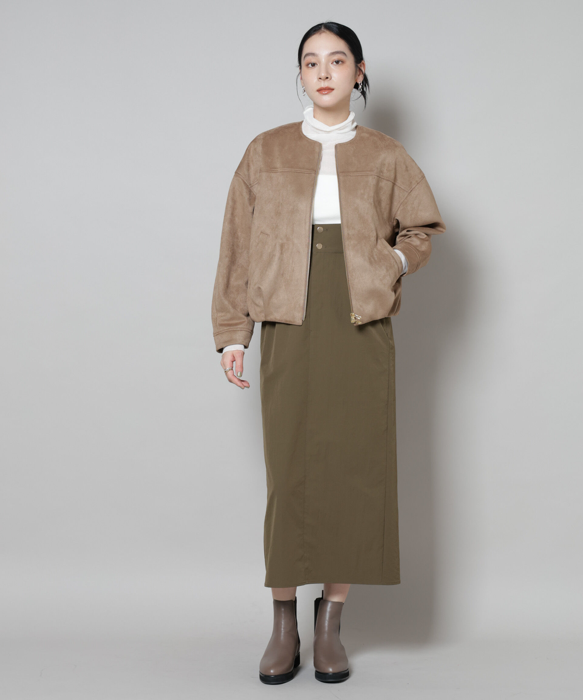 nano･universe「フェイクスエードボンディングノーカラーブルゾン」|ブルゾン・スタジャン|