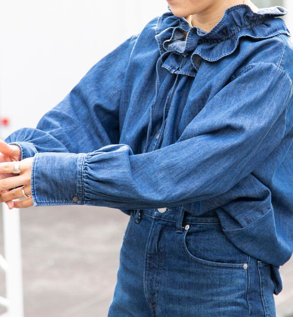 Rie Miller「【RM denim】フリルギャザーデニムブラウス」|シャツ・ブラウス|