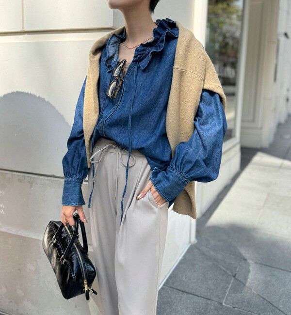 Rie Miller「【RM denim】フリルギャザーデニムブラウス」|シャツ・ブラウス|