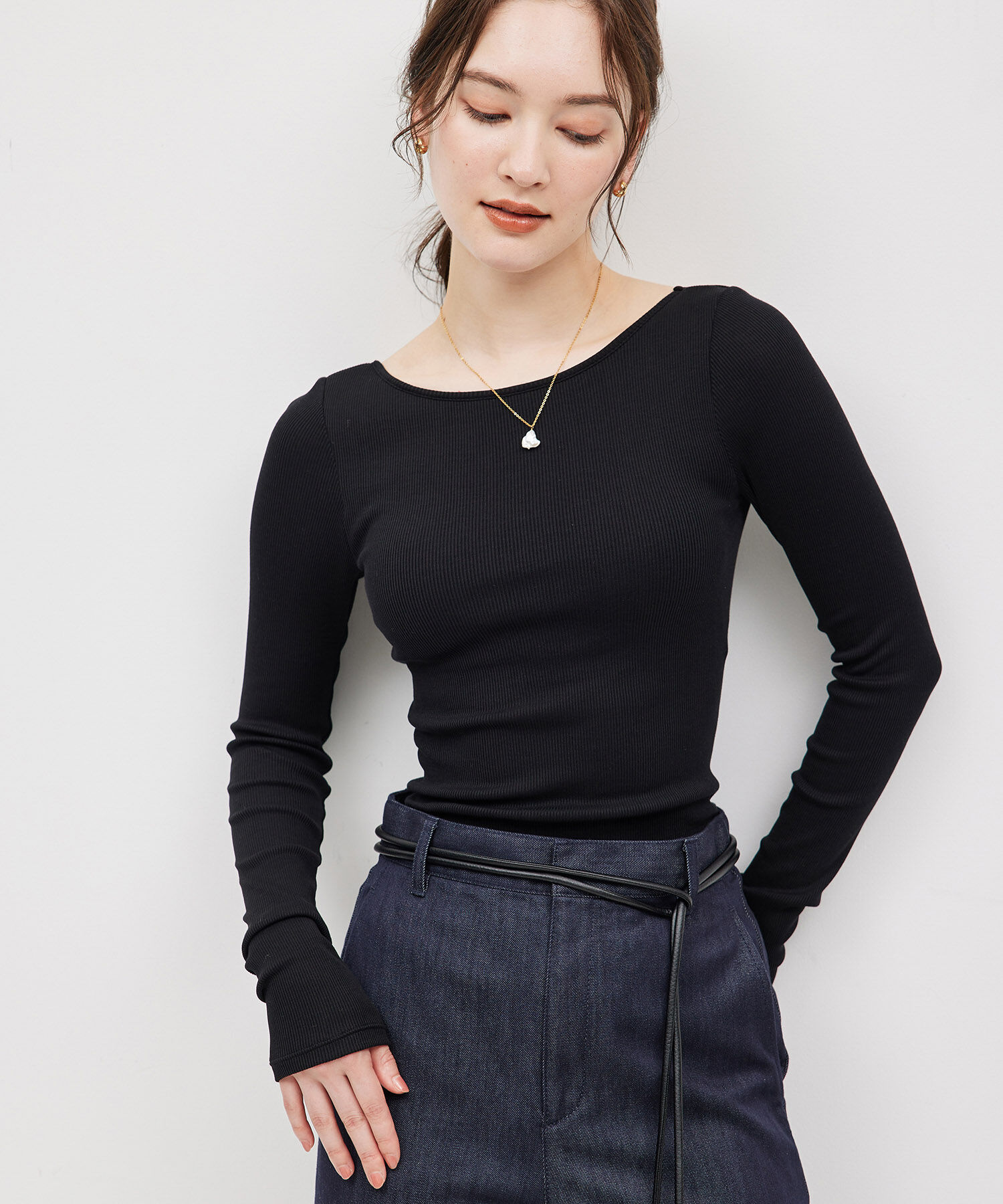 ROP&Eacute;「コットンシルク丸胴テレコカップ付き長袖カットソー」|Tシャツ・カットソー|ブラック(01)