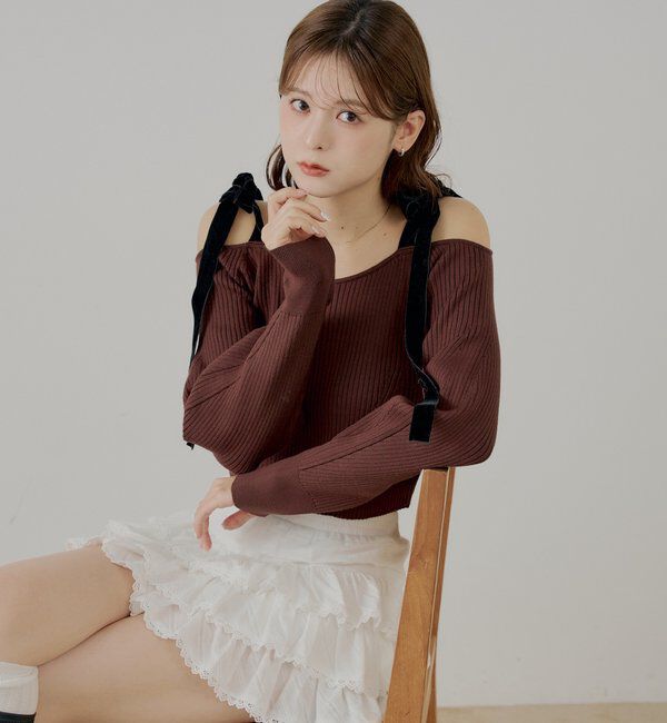  「肩リボンオフショルリブニット」|ニット・セーター|