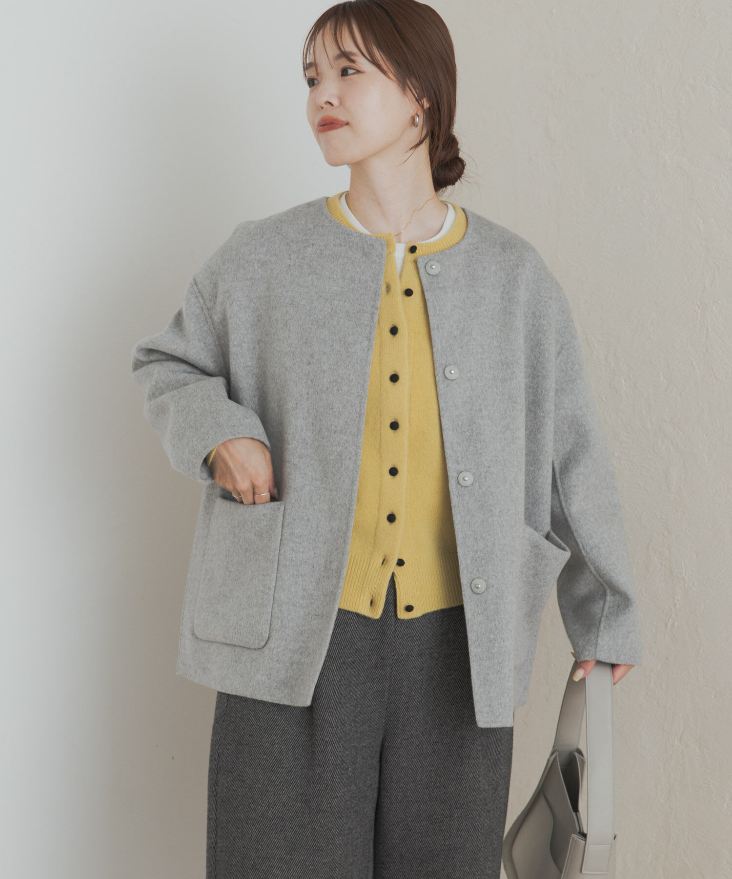 URBAN RESEARCH DOORS「ウールリバーノーカーラミドルコート」|ノーカラーコート|