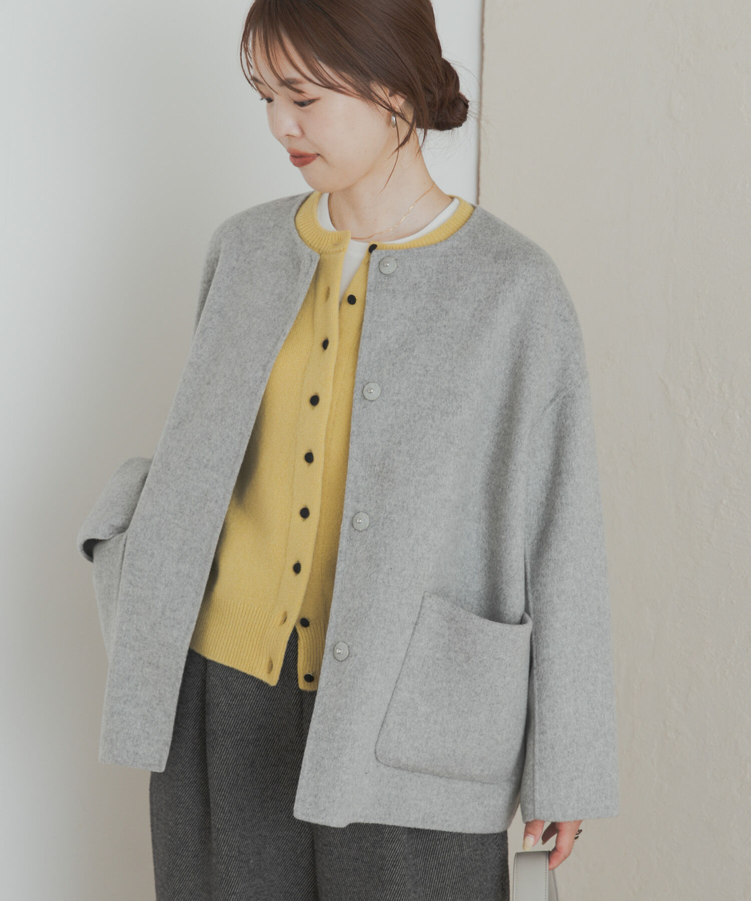 URBAN RESEARCH DOORS「ウールリバーノーカーラミドルコート」|ノーカラーコート|