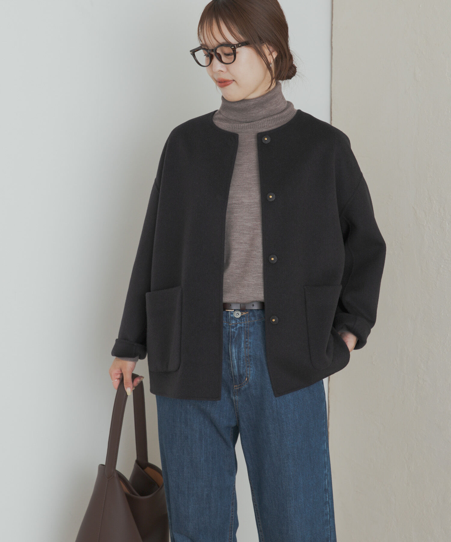 URBAN RESEARCH DOORS「ウールリバーノーカーラミドルコート」|ノーカラーコート|