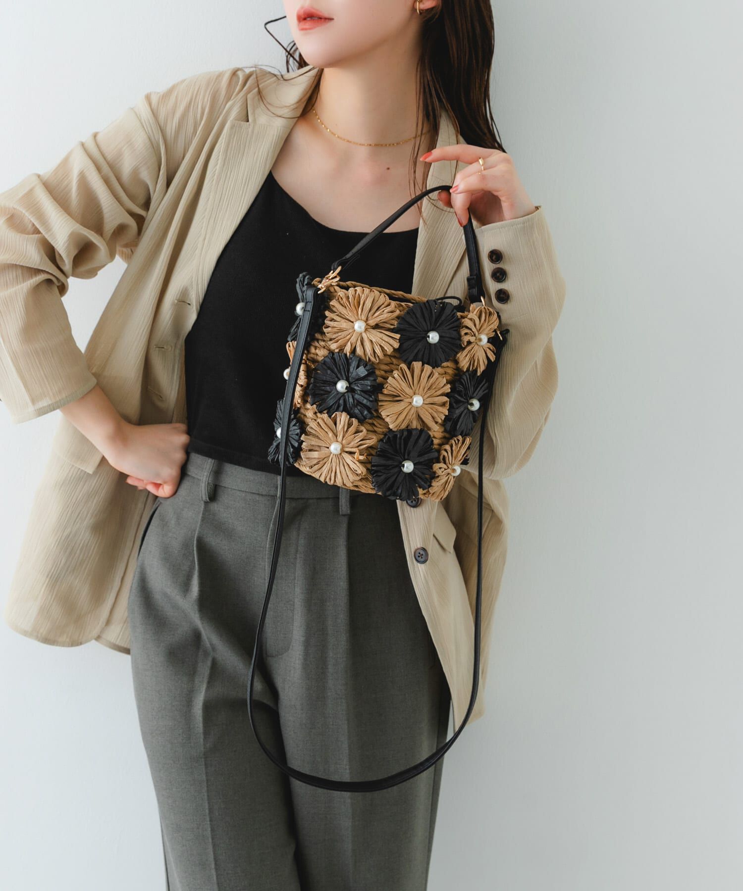 RODE SKO「フラワーモチーフ雑材バケツバッグ」|ショルダー・メッセンジャー|
