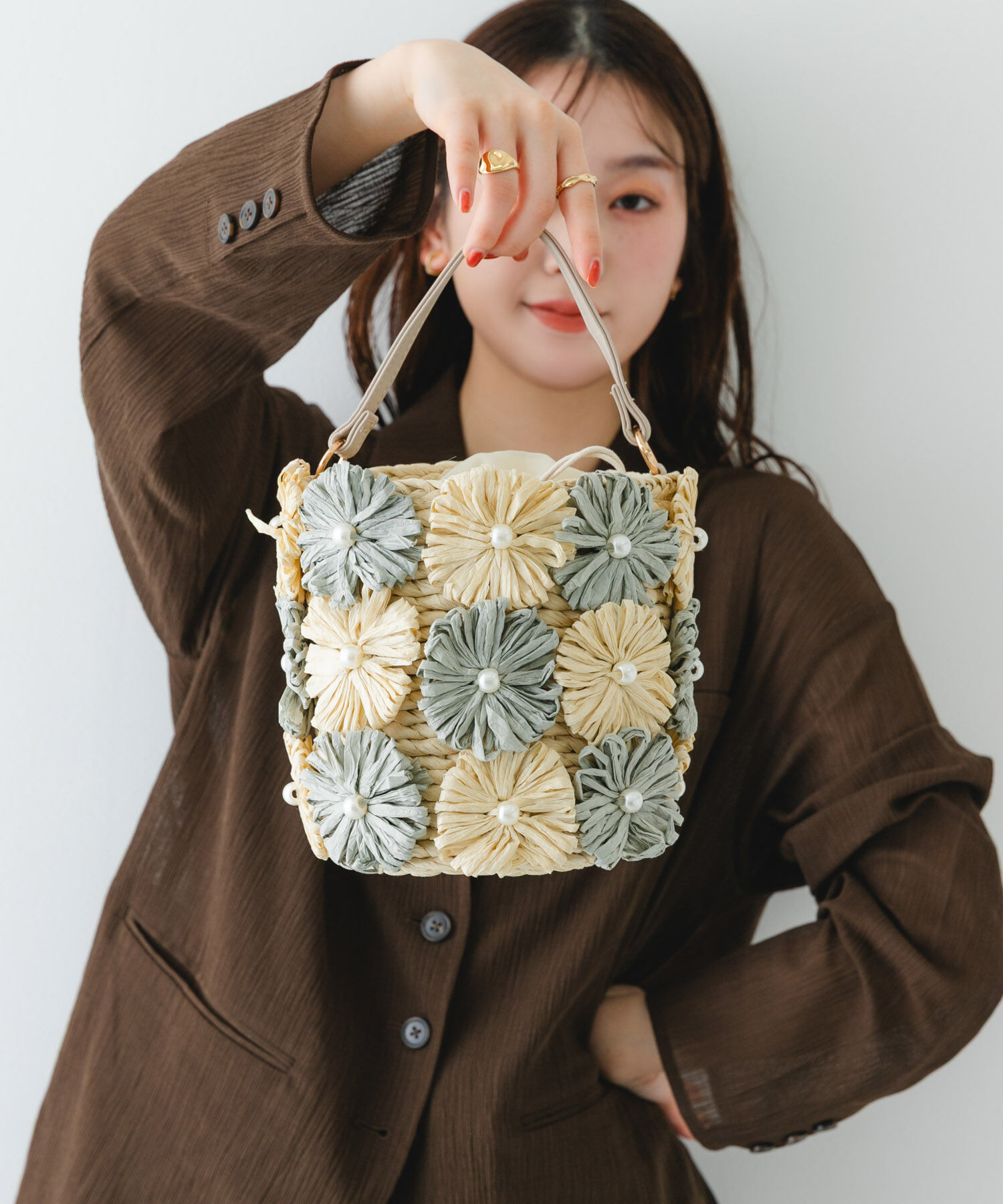 RODE SKO「フラワーモチーフ雑材バケツバッグ」|ショルダー・メッセンジャー|ミント