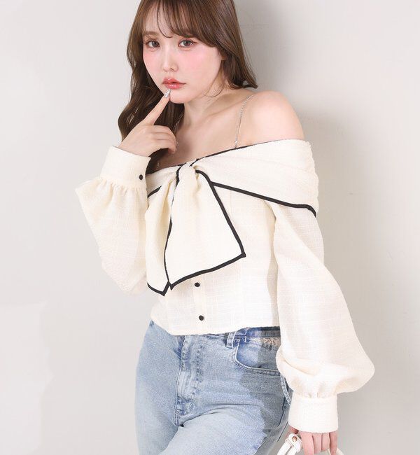  「肩ビジューリボンオフショルブラウス」|シャツ・ブラウス|