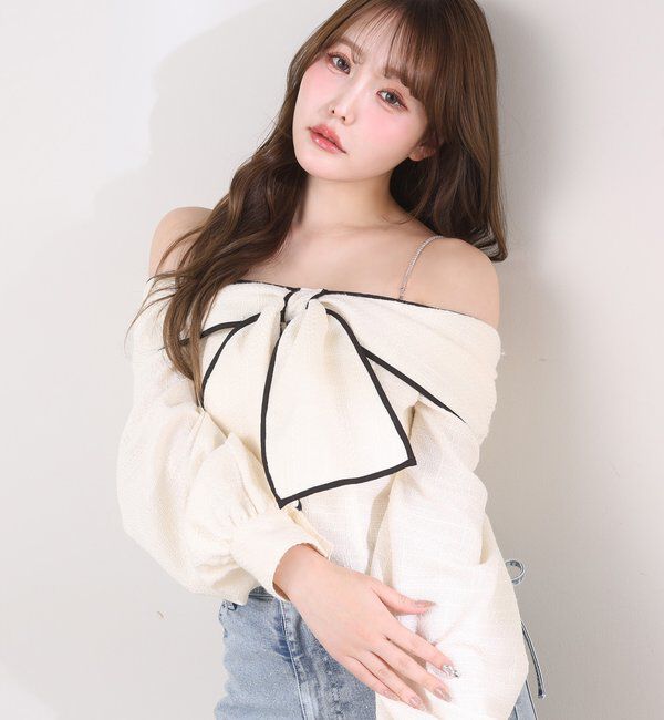  「肩ビジューリボンオフショルブラウス」|シャツ・ブラウス|